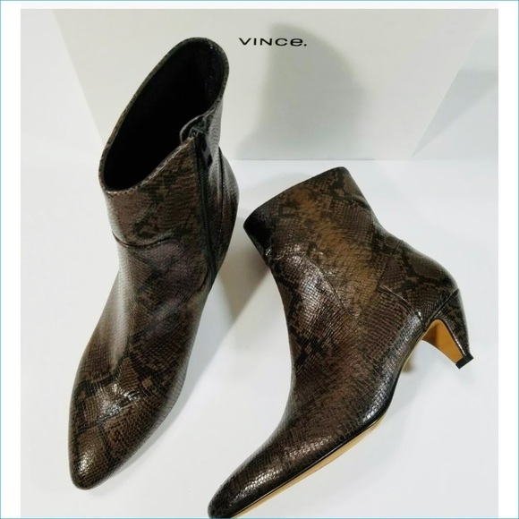 Vince Snake Brown Leather Point Toe Ankle Bootie Kitten Heel - Picture 7 of 11